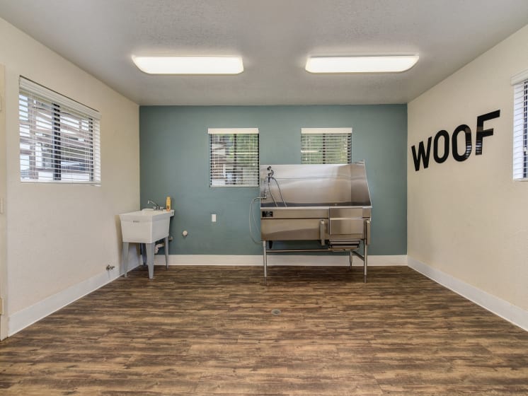 Dog Spa Tub with Hardwood Inspired Floor, Dog Washing Tub, WOOF Written in Black Letters on Wall, and Fluorescent Lights